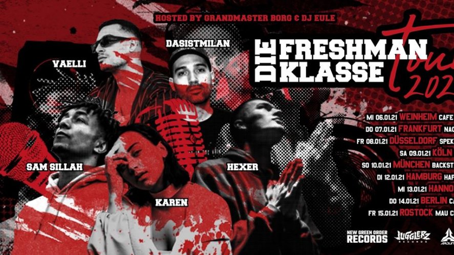 Foto - Event - VERSCHOBEN AUF DEN 19.11.2021
HAMBURG KONZERTE präsentiert:
SAM SILLAH, KAREN, HeXer, DASISTMILAN & VAELLI
Die Freshman Klasse 2021 Tour - hosted by GRANDMASTER BORG & DJ EULE